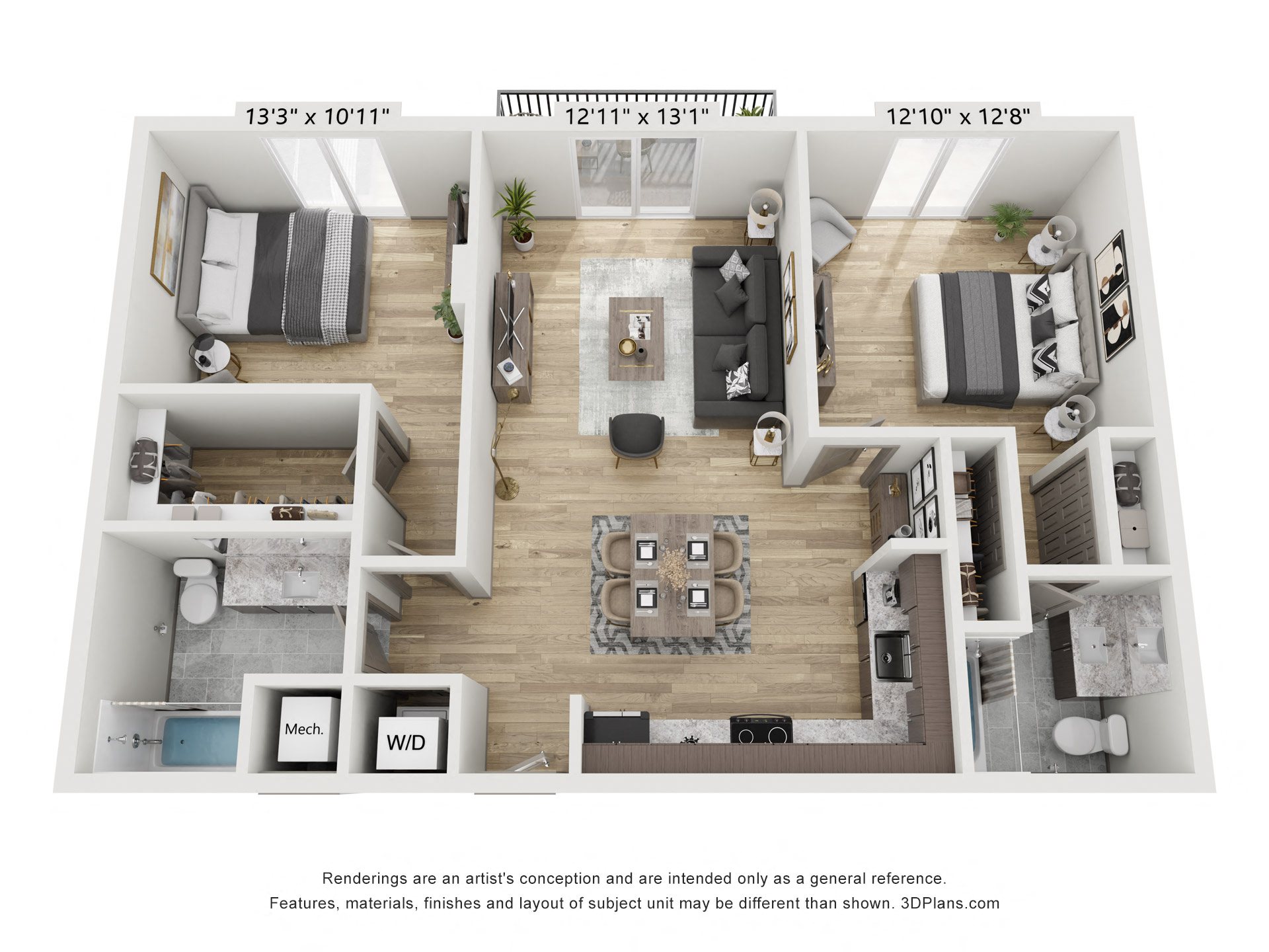 Floor plan for 2 beds, 2 baths, 950 sqft